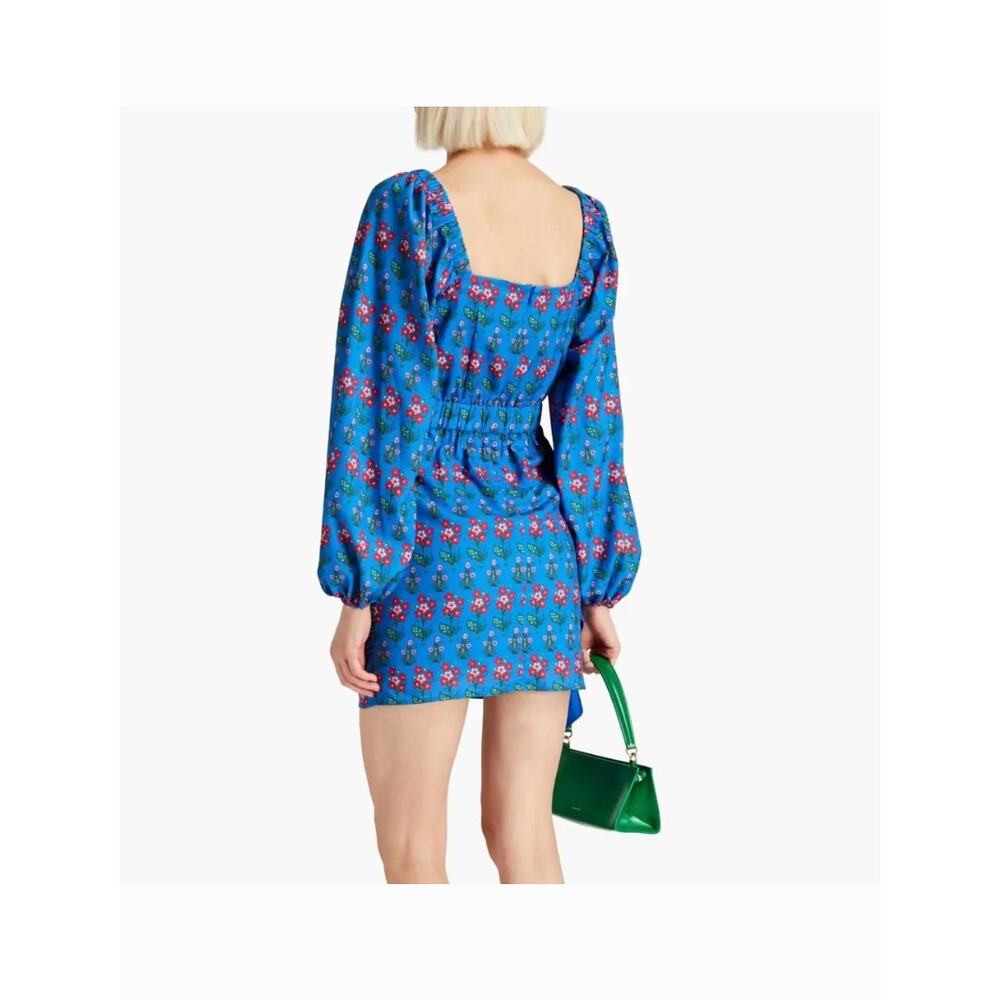 New with Tags RHODE Mina Draped Floral Mini Dress XS Blue Puff Sleeve Ruched - Picture 2 of 16